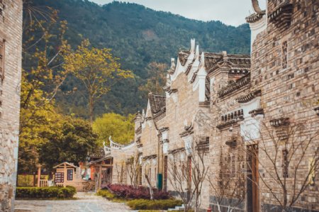 古建筑房屋山川绿树风景