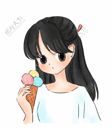 夏日女孩吃冰淇淋卡通手绘免扣PNG