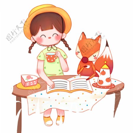 手绘喝下午茶读书的女孩和狐狸设计