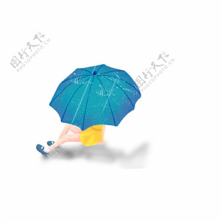 清新手绘撑着蓝色雨伞的少女