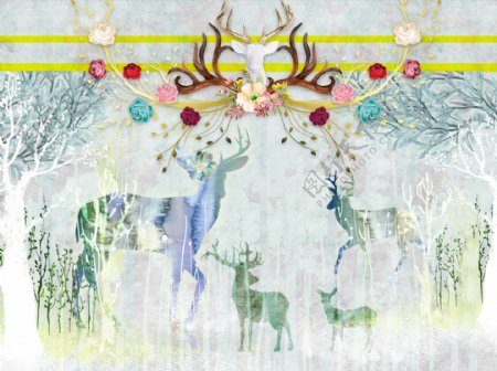 北欧简约时尚几何抽象麋鹿背景墙