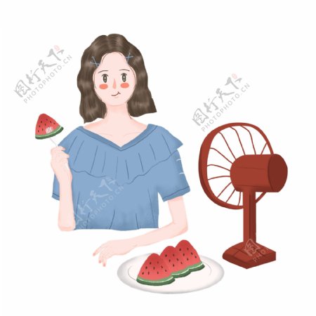 清凉夏季吃西瓜吹风扇的女孩手绘设计