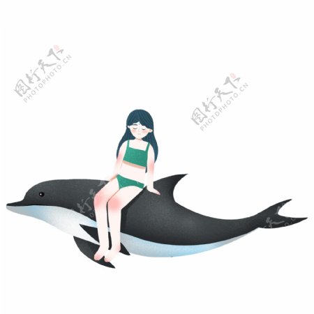 坐在海豚上的女孩图案元素