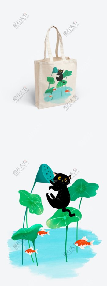 帆布袋包装之简约小清新水彩风格猫和鱼