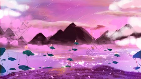 梦幻荷花紫色天空背景素材