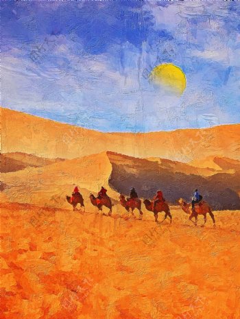 金色沙漠骆驼风景油画