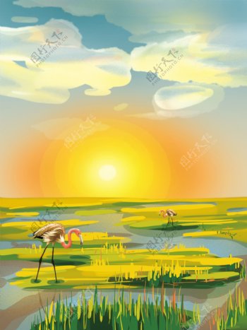 湿地唯美风景插画背景