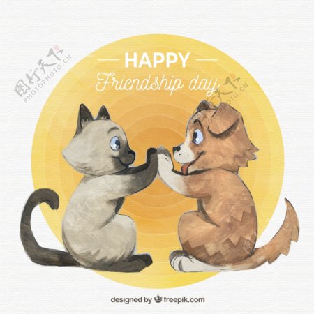 彩绘国际友谊日拍手的猫狗矢量图