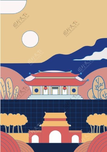 秋日高山古寺风景旅游背景矢量图