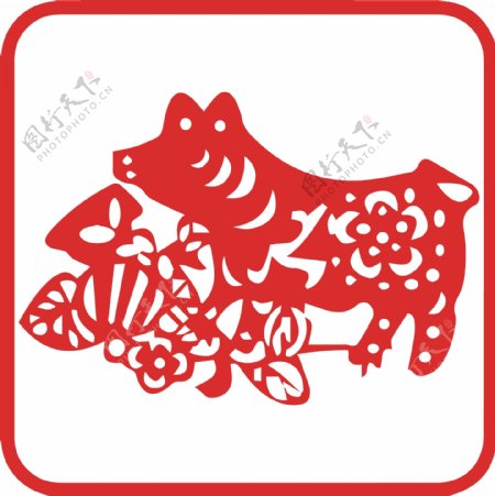 12生肖猪剪纸红色年画素材