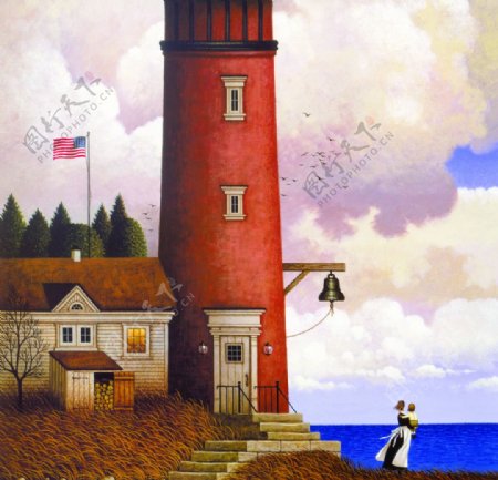 风景油画美国小镇海边灯塔