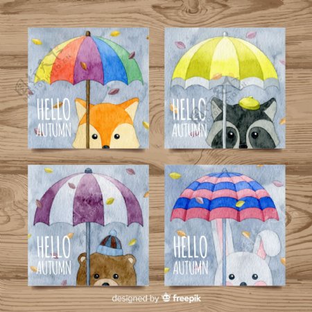 4款彩绘秋季撑伞动物卡片矢量图