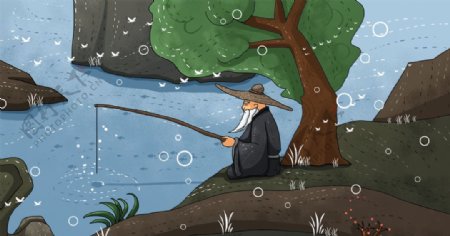 姜太公钓鱼成语故事插画