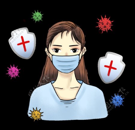 抗击疫情女孩戴着抗菌医用口罩隔