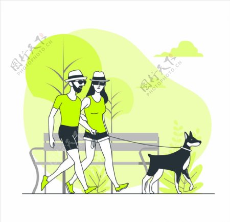 公园散步遛狗矢量插画