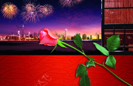 浪漫玫瑰城市辉煌烟花背景