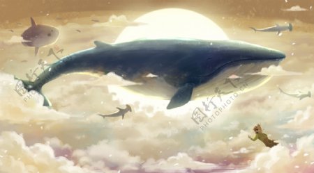 鲸鱼云朵云层天空梦幻插画卡通