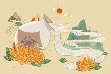 重阳节菊花白酒传统插画卡通背景