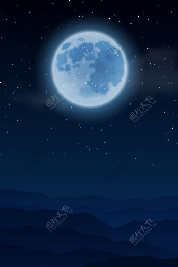 夜色月光满月意境深蓝插画卡通