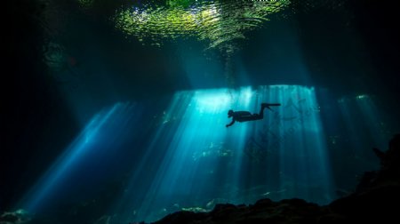 潜水员阳光水下的海底湖底