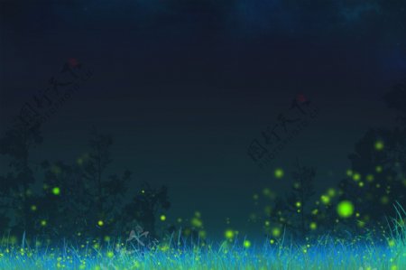 黑夜萤火虫森林插画卡通背景素材