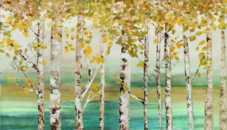 杨树河流风景秋叶装饰画