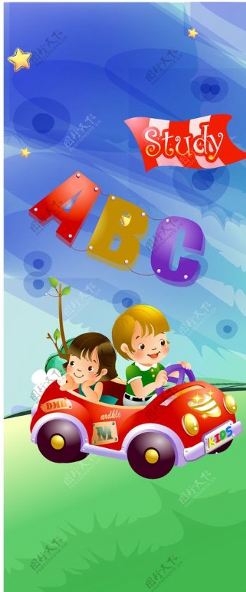 ABC卡通男孩女孩小汽车图片