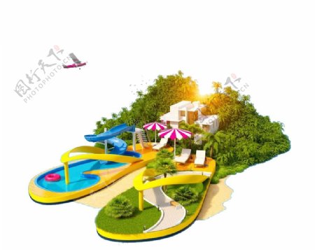 创意设计海滩景观拖鞋泳池遮阳伞图片
