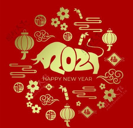 2021中国新年红色牛烫金海报图片