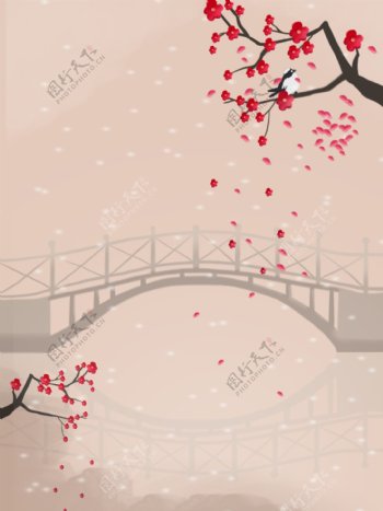 小桥流水喜鹊梅花海报图片