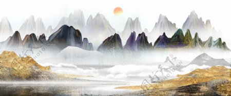 中式古风山水插画图片