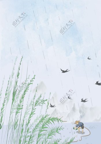 谷雨春种清新传统背景海报素材图片