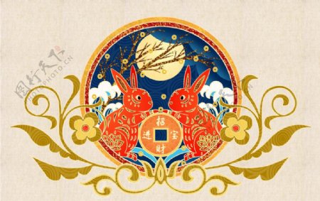 兔年生肖复古插画背景海报素材图片