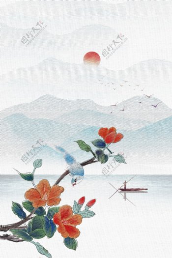 牡丹复古刺绣效果背景海报素材图片