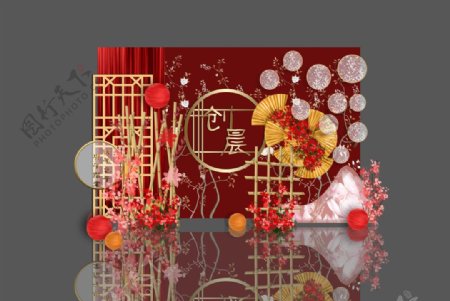 红金色新中式古典婚礼合影背景图片