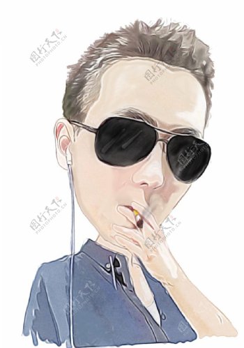 抽烟听音乐的小青年插画图片