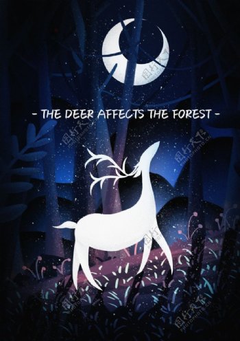 森林中的小鹿场景插画图片
