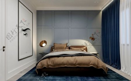 咖啡和蓝色窗帘卧室图片