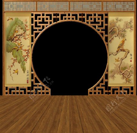 圆形屏风中国风木地板图片