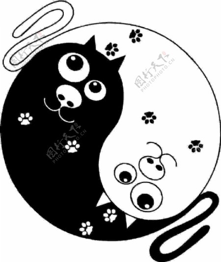 小猫黑白阴阳图案矢量图