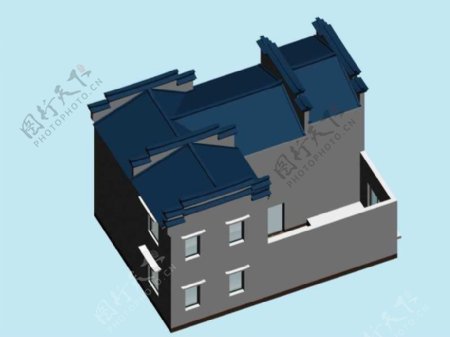 蓝色屋顶简模建筑3D模型