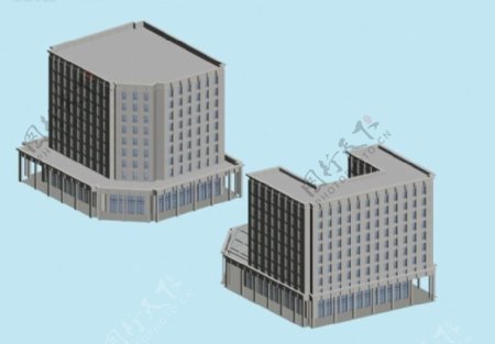 临街商业大厦建筑群3D模型图.
