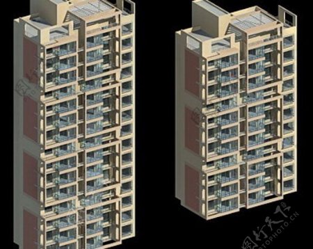 两栋小高层板式住宅楼模型