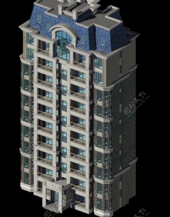 独栋城堡顶十层塔式住宅楼模型