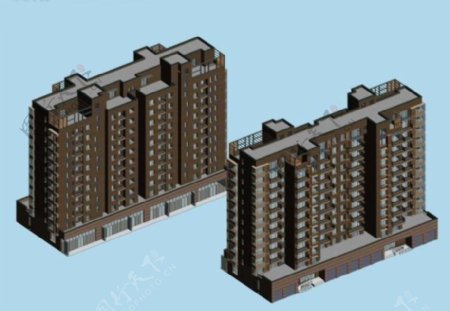 二联排两栋塔式小高层住宅楼模型