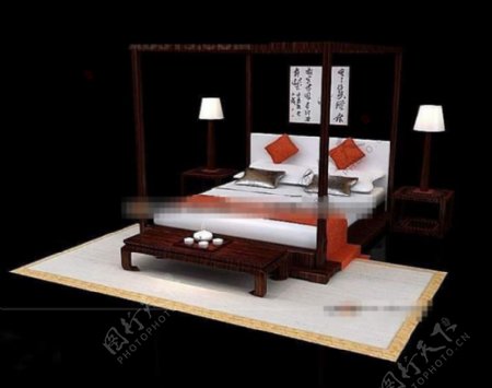 古典豪华红木双人床3D模型