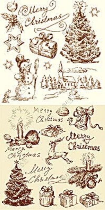 两款复古圣诞节插画速写矢量素材