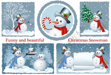 圣诞节雪人雪花与装饰边框矢量素材