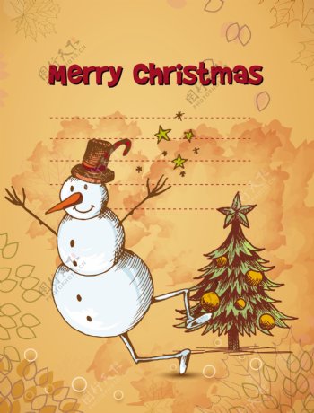 手绘圣诞圣诞树雪人圣诞贺卡图片
