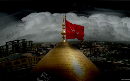 伊斯兰城市屋顶的旗帜图片